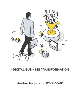 Digital Transformation In Business. Businessman With A Briefcase Confidently Moves Towards A Digital Future. Vector Isometric Illustration