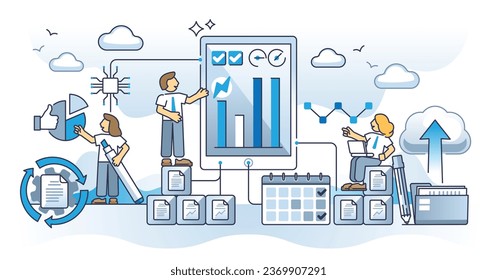 Digital transformation in business with document automation outline concept. Accounting innovations using AI processing vector illustration. Business development with digitization tech strategy.