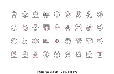Processo de mudança de transformação digital, produto e solução de negócios, conjunto de ícones de linha de IA. Engenharia robótica, personalização de dados, inovação tecnológica ilustração de vetor de símbolos de contorno preto e vermelho fino