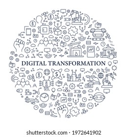 Digital transformation circle poster. Modern technologies. Digitalization. Future. Digital revolution concept.. Isolated vector template