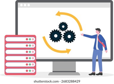 Digital transformation, cloud computing, technology integration concept with character. Digital innovation abstract vector illustration set. Business agility, data-driven decisions metaphor.

