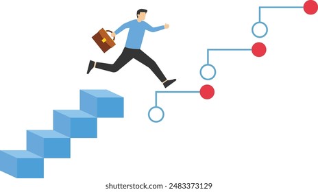 Digital transformation, company use technology and innovation to optimize workflow and change future concept, businessman corporate leader climbing up analog stair to transform into digital step.

