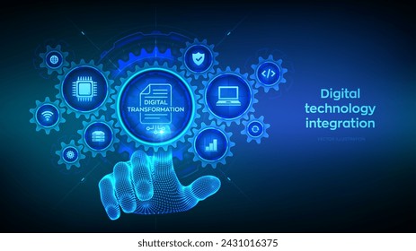 Digital transformation concept. Digitization of business processes and modern technology. Disruption, innovation. Hand touching digital interface with connected gears cogs, icons. Vector illustration.