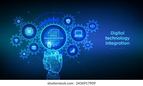 Digital transformation concept. Digitization of business processes and modern technology. Disruption, innovation. Hand touching digital interface with connected gears cogs, icons. Vector illustration.