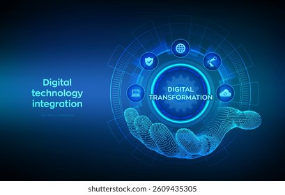 Digital transformation. Concept of digitization of business processes and modern technology. Digital transformation icon in wireframe hand. Disruption, innovation solutions. Vector illustration.