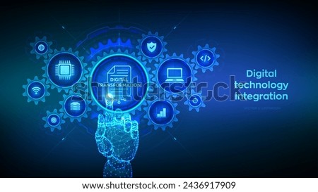 Digital transformation concept. Digitization of business processes and modern technology. Disruption, innovation. Hand touching digital interface with connected gears cogs, icons. Vector illustration.