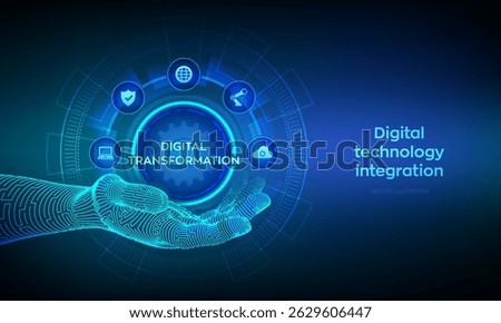 Digital transformation. Concept of digitization of business processes and modern technology. Digital transformation icon in wireframe hand. Disruption, innovation solutions. Vector illustration.