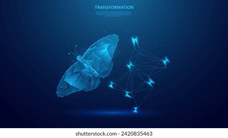 Digital transformation concept, flying butterfly illustration. Technological evolution for the next generation of the future. blue low poly style vector background design.