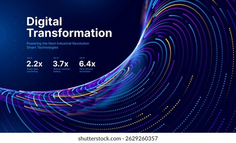 Digital Transformation Concept with Futuristic Data Flow and Smart Technology Visualization. Abstract Big Data, Artificial Intelligence AI, and Automation Design. Tech and Science Vector Illustration.