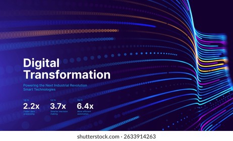 ID do vetor de estoque: 2600641505
Conceito de transformação digital com fluxo de dados futurista e visualização de tecnologia inteligente. Big Data abstrato, inteligência artificial AI e design de automação. Tecnologia e 
