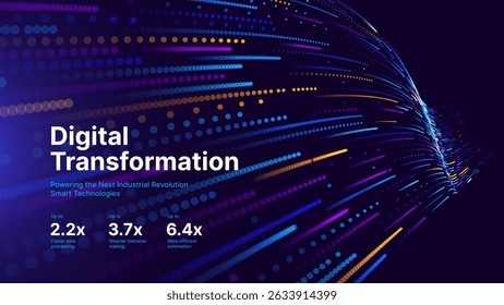 Digital Transformation Concept with Futuristic Data Flow and Smart Technology Visualization. Abstract Big Data, Artificial Intelligence AI, and Automation Design. Tech and Science Vector Illustration.