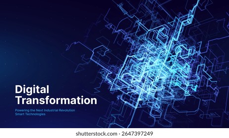 Digital Transformation Concept with Futuristic Data Flow and Smart Technology Visualization. Abstract Big Data, Artificial Intelligence AI, and Automation Design. Tech and Science Vector Illustration.