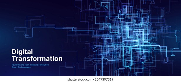 Digital Transformation Concept with Futuristic Data Flow and Smart Technology Visualization. Abstract Big Data, Artificial Intelligence AI, and Automation Design. Tech and Science Vector Illustration.