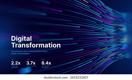 Conceito de transformação digital com fluxo de dados futurista e visualização de tecnologia inteligente. Big Data abstrato, inteligência artificial AI e design de automação. Ilustração do vetor de tecnologia e ciência.