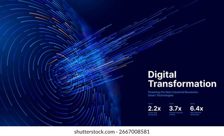Digital Transformation Concept with Futuristic Data Flow and Smart Technology Visualization. Abstract Big Data, Artificial Intelligence AI, and Automation Design. Tech and Science Vector Illustration.
