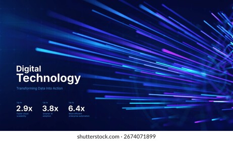 Digital Transformation Concept with Futuristic Data Flow and Smart Technology Visualization. Abstract Big Data, Artificial Intelligence AI, and Automation Design. Tech and Science Vector Illustration.