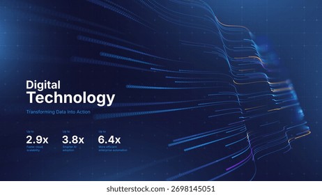 Conceito de transformação digital com fluxo de dados futurista e visualização de tecnologia inteligente. Big Data abstrato, inteligência artificial AI e design de automação. Ilustração do vetor de tecnologia e ciência.