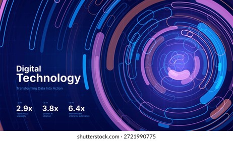 Digitales Transformationskonzept mit futuristischem Datenfluss und intelligenter Technologievisualisierung. Abstrakte Big Data, künstliche Intelligenz KI, Automatisierungsdesign. Vektorgrafik aus Technik und Wissenschaft.