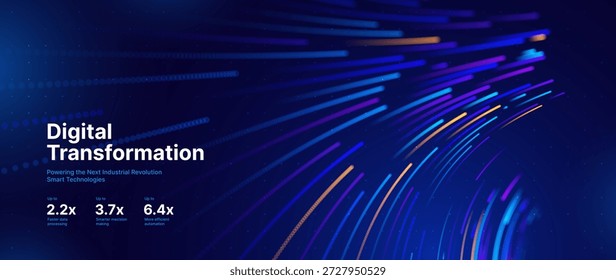 Digital Transformation Concept with Futuristic Data Flow and Smart Technology Visualization. Abstract Big Data, Artificial Intelligence AI, Automation Design. Tech and Science Vector Illustration.