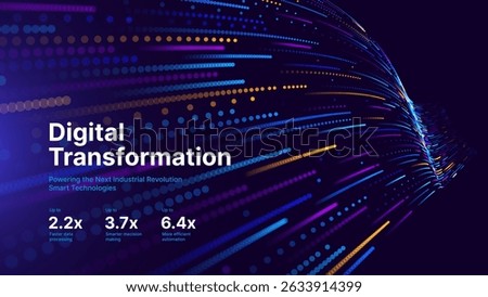 Digital Transformation Concept with Futuristic Data Flow and Smart Technology Visualization. Abstract Big Data, Artificial Intelligence AI, and Automation Design. Tech and Science Vector Illustration.