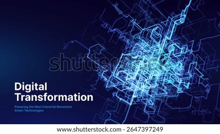 Digital Transformation Concept with Futuristic Data Flow and Smart Technology Visualization. Abstract Big Data, Artificial Intelligence AI, and Automation Design. Tech and Science Vector Illustration.