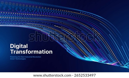 Digital Transformation Concept with Futuristic Data Flow and Smart Technology Visualization. Abstract Big Data, Artificial Intelligence AI, and Automation Design. Tech and Science Vector Illustration.