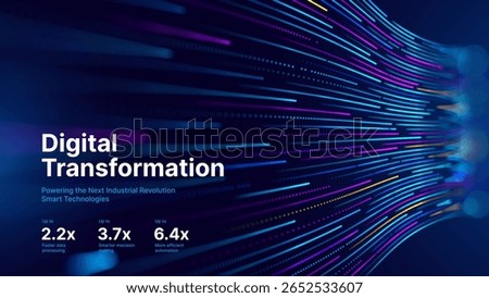Digital Transformation Concept with Futuristic Data Flow and Smart Technology Visualization. Abstract Big Data, Artificial Intelligence AI, and Automation Design. Tech and Science Vector Illustration.