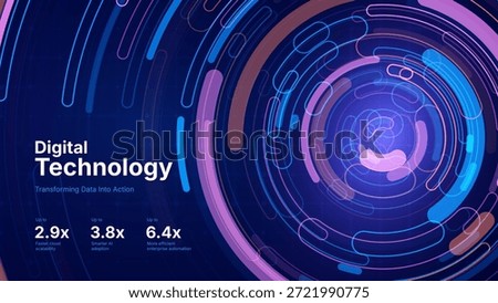 Digital Transformation Concept with Futuristic Data Flow and Smart Technology Visualization. Abstract Big Data, Artificial Intelligence AI, Automation Design. Tech and Science Vector Illustration.