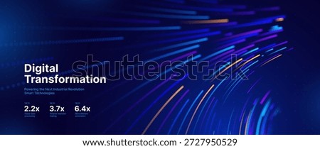 Digital Transformation Concept with Futuristic Data Flow and Smart Technology Visualization. Abstract Big Data, Artificial Intelligence AI, Automation Design. Tech and Science Vector Illustration.
