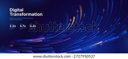 Digital Transformation Concept with Futuristic Data Flow and Smart Technology Visualization. Abstract Big Data, Artificial Intelligence AI, Automation Design. Tech and Science Vector Illustration.