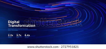 Digital Transformation Concept with Futuristic Data Flow and Smart Technology Visualization. Abstract Big Data, Artificial Intelligence AI, Automation Design. Tech and Science Vector Illustration.