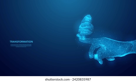 Concepto de transformación digital, ilustración de mariposa que toca a mano. Evolución tecnológica para la próxima generación. diseño de fondo vectorial de estilo azul bajo de poli.