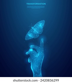 Digital transformation concept, hand touching butterfly illustration. Technology evolution for the next generation. blue low poly style vector background design.