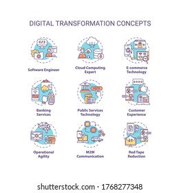 Digital transformation concept icons set. Professional programmer. Technology innovation for business idea thin line RGB color illustrations. Vector isolated outline drawings. Editable stroke