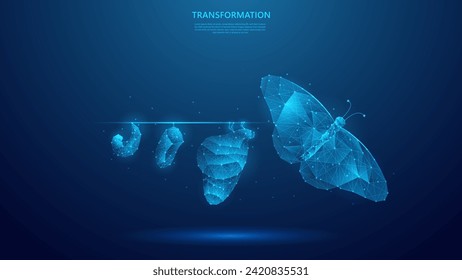 Konzept der digitalen Transformation. Illustration der Schmetterlingsentwicklung symbolisiert das Konzept der digitalen Transformation. blaues, Low-Poly-Stil-Vektorhintergrund-Design.