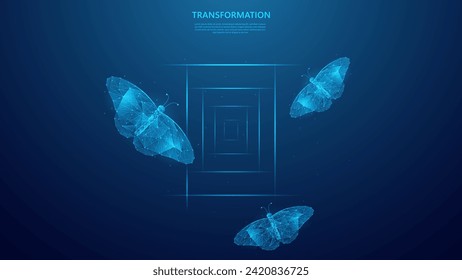 Digital transformation concept, illustration of butterfly and glowing door lines. Technology evolution for the next generation. blue low poly style vector background design.