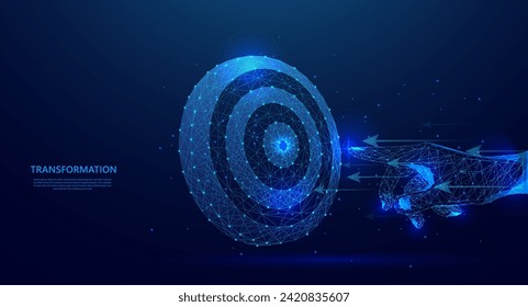 Digital transformation concept, illustration of hand touching target for next generation technology era. blue low poly style vector background.