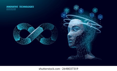 Digital transformation concept showcases automation. Innovation technology artificial intelligence. Business engineering education science communication. Polygonal dark blue background vector