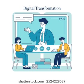 Digital transformation concept. Teacher leading a virtual class for students using laptops. Modern online education and e-learning methods. Vector illustration.