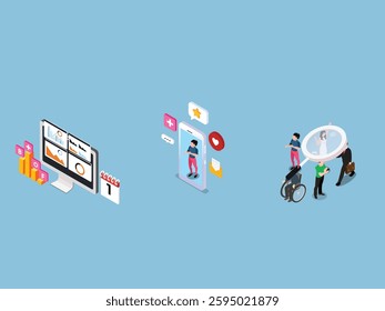 Digital Transformation Concepts – Data Analytics, Social Media, and Inclusive Society 3d flat vector illustrations