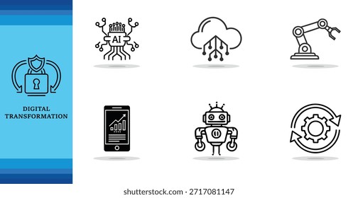 Conceptos de transformación digital con iconos robóticos de seguridad y aire con una silueta blanca