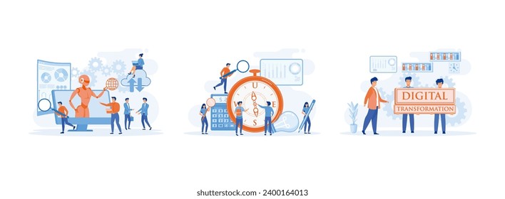 Digital Transformation. Data Analysis and Digitization. staffs showing the boss the future direction of the company. Digital Transformation set flat vector modern illustration