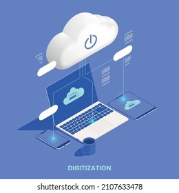 Digital transformation and digitalization isometric composition with open laptop and cloud computing symbols vector illustration