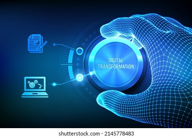 Digital transformation. Digitization of business processes and modern technology. Wireframe hand turning a knob and selecting digital mode. Digitalization of analog data concept. Vector illustration.