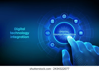 Transformación digital. La digitalización de los procesos de negocio del concepto de tecnología moderna en pantalla virtual. Disrupción, soluciones de innovación. Alambre de la mano que toca la interfaz digital. Ilustración de vector