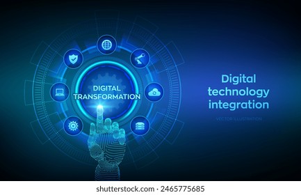 Transformación digital. La digitalización de los procesos de negocio del concepto de tecnología moderna en pantalla virtual. Disrupción, soluciones de innovación. Alambre de la mano que toca la interfaz digital. Ilustración vectorial