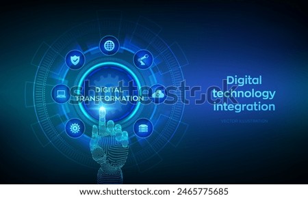 Digital transformation. Digitization of business processes modern technology concept on virtual screen. Disruption, innovation solutions. Wireframe hand touching digital interface. Vector illustration