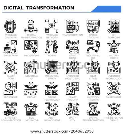 Digital transformation and disruption icon set for technology, IoT, M2M issue and education website, presentation, book.