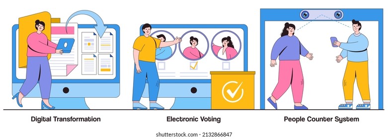 Digital transformation, electronic voting, people counter system concepts with people characters. Digitalization illustration pack. Paperless workflow solutions, e-voting, detection people metaphor.
