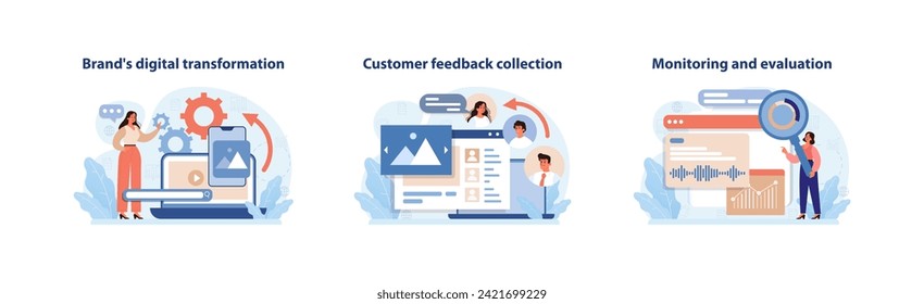 Digital Transformation and Feedback Collection Set. Engaging illustrations portraying a brand's evolution through digital innovation, customer input, and performance analysis. Flat vector.